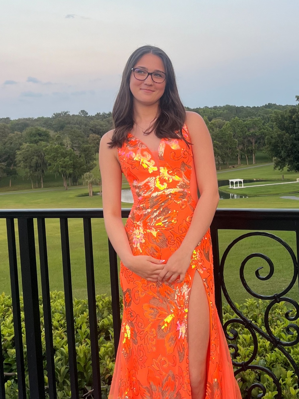 Vibrant Orange Floral Sequin V-Neck Evening Dress